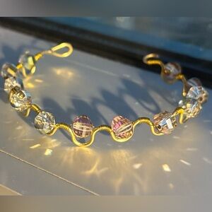 Handmade Gold Wire Bracelet with Iridescent Beads